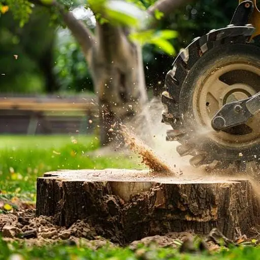 "Tree removal service: a large tree being safely cut down and removed from a residential property."